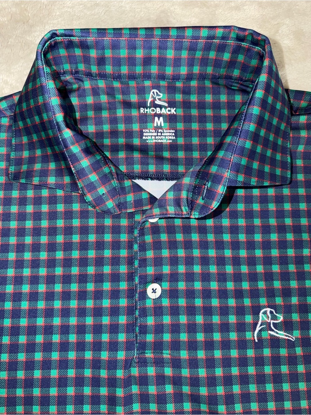 Rhoback Men’s Green & Navy Check Performance Polo Shirt - M